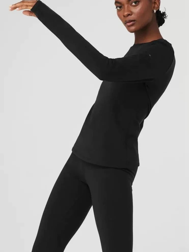 قميص رياضي نسائي بأكمام طويلة ورقبة دائرية مطاطية من الأسفل، تي شيرت يوجا، لياقة بدنية، جري، سويت شيرت أسود كحلي سادة للنساء