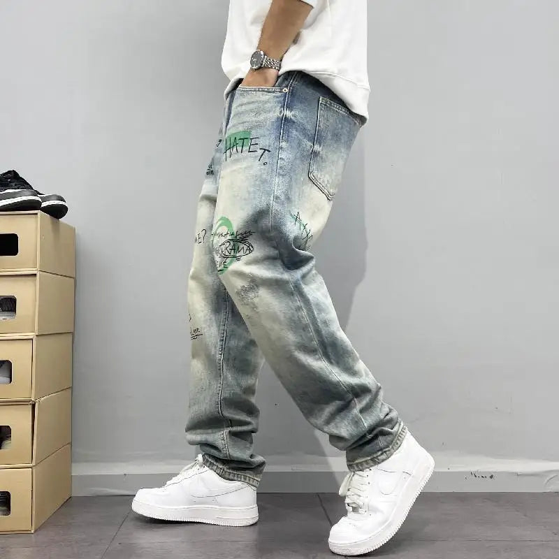 American Retro Street Style Personalized Printed Straight Leg Jeans for Men Loose Fitting Washed High Street Hip-hop Pants
