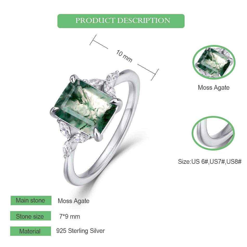 خواتم خطوبة فريدة من نوعها من الفضة الإسترليني عيار 925 من WES مقاس 7*9 مم مصنوعة من العقيق الطحلب الطبيعي للنساء، مجوهرات غابة بوهو، هدية لها بالجملة