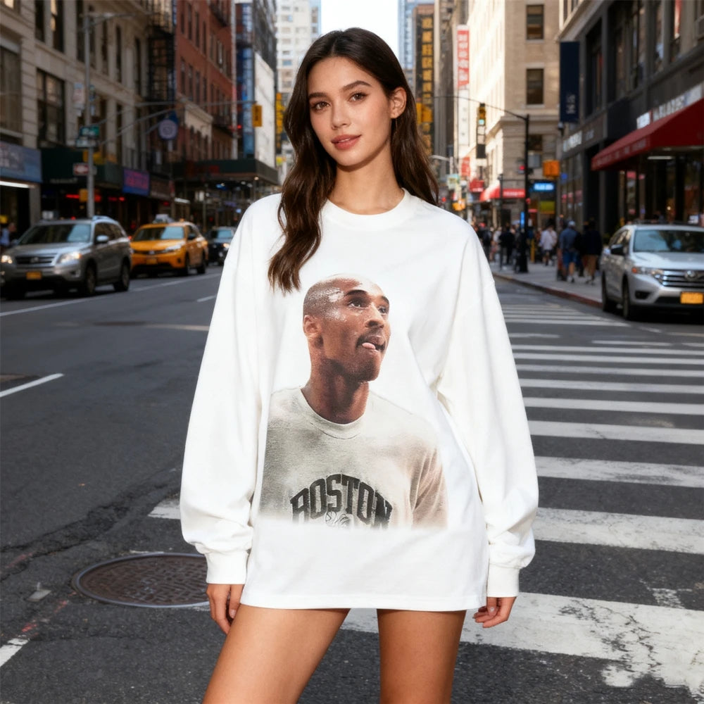 تي شيرت KUCLUT ذو جودة عالية مطبوع عليه رسومات BIG FACE بأكمام طويلة ومقاس كبير، تي شيرت فضفاض للرجال والنساء مصنوع من القطن بنسبة 100%