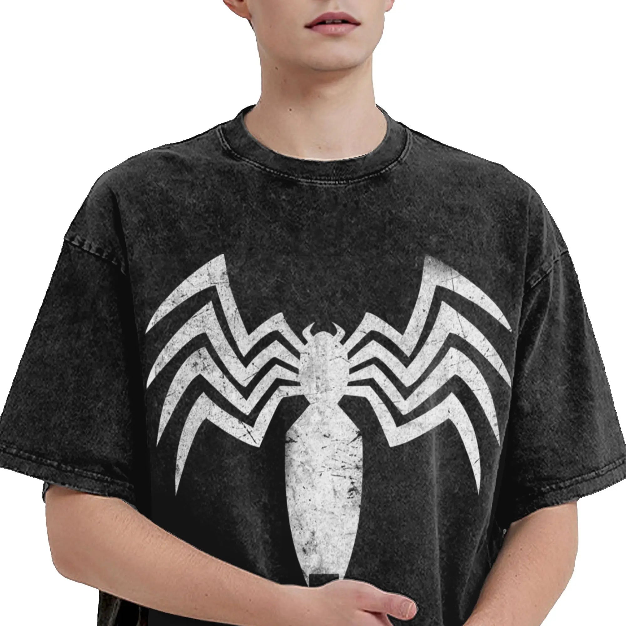 تي شيرت Venom Distressed Logo Washed T Shirt Streetwear Hip Hop Vintage Tshirts للرجال والنساء بأكمام قصيرة ومقاس كبير ورسومات جرافيكية