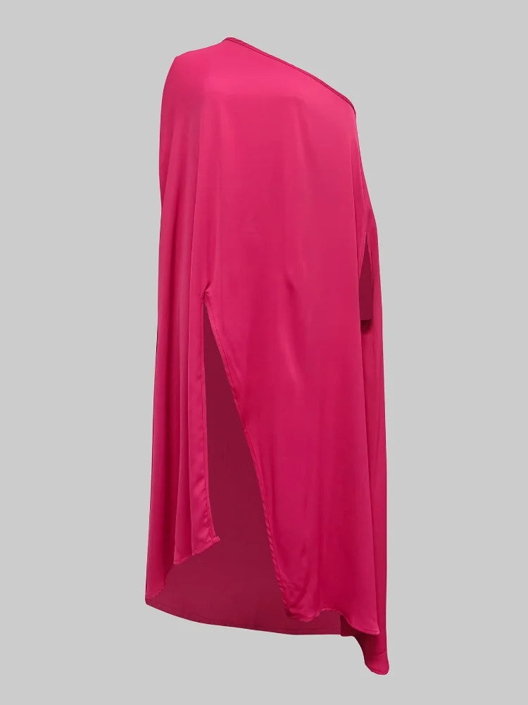 تي شيرت نسائي بأكمام قصيرة وياقة قطرية وكتف واحد وبطول X-Large بلون سادة وبلوزة أنيقة فضفاضة مقسمة بأكمام قصيرة