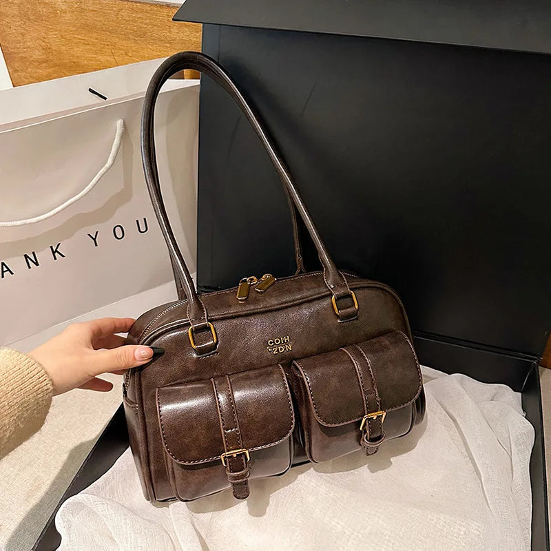 حقيبة كتف نسائية متعددة الجيوب بلون القهوة البني، حقيبة كروس أنيقة متعددة الاستخدامات للسفر والعمل والتسوق