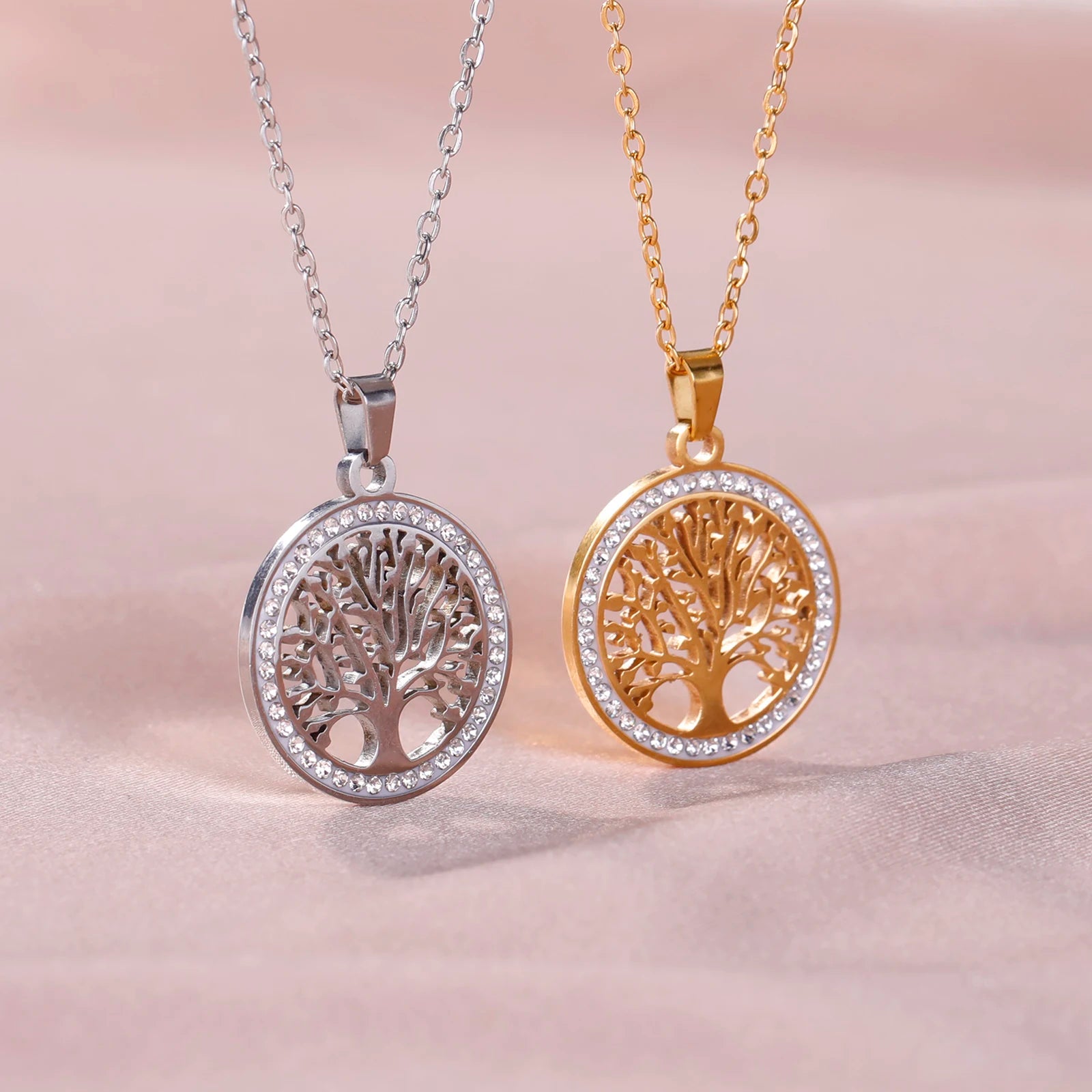 Skyrim Tree of Life Necklace for Women Stainless Steel Gold Color Clear Zircon Round Pendant Neck Chains Luxury Wedding Gift