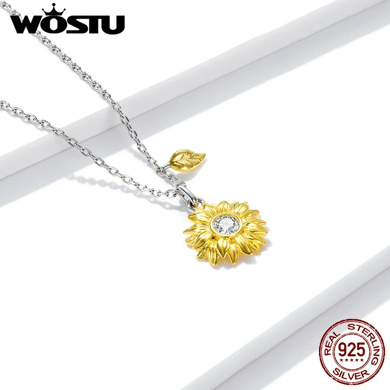 قلادة WOSTU من الفضة الإسترلينية 925 على شكل عباد الشمس وسلسلة طويلة للنساء مجوهرات عصرية CTN212