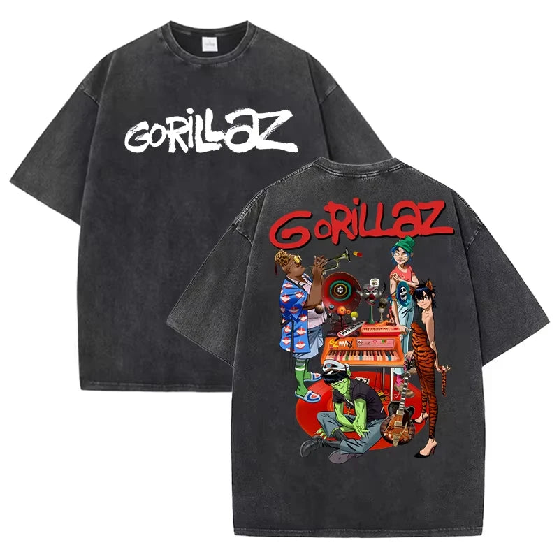 تي شيرتات Gorillaz Print للنساء/الرجال صيفية بأكمام قصيرة ورقبة مستديرة، تي شيرتات قطنية مغسولة برسومات مخصصة