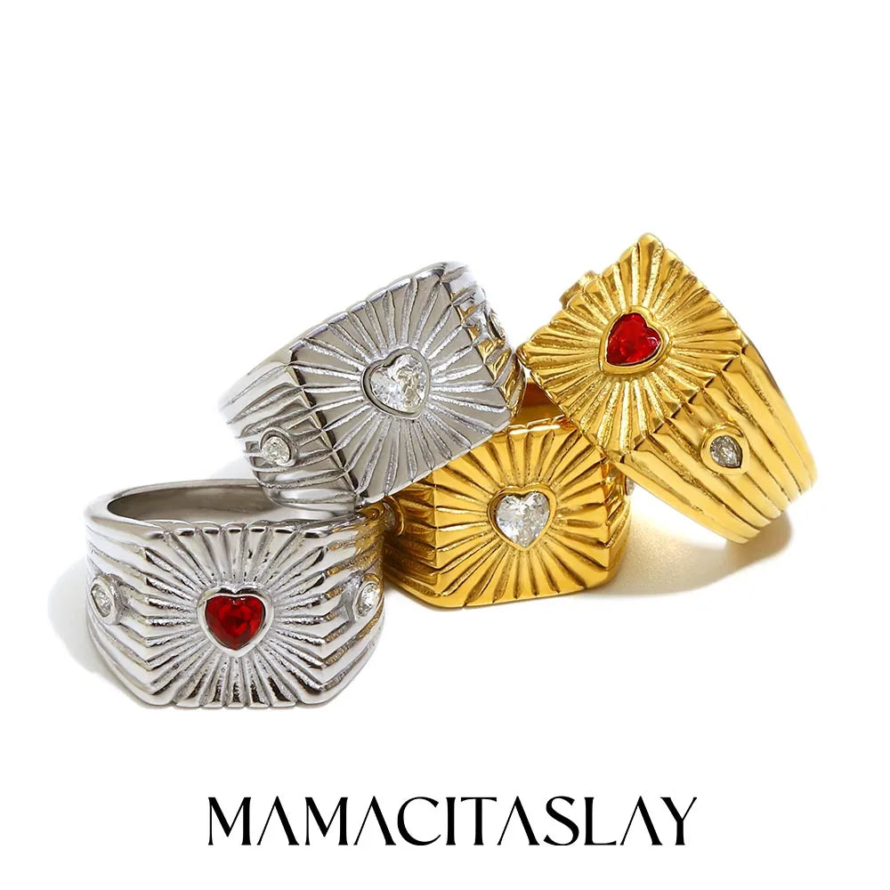 خاتم ماما سيتا سلاي عريض من الفولاذ المقاوم للصدأ 316L مرصع بالزركون على شكل قلب، مقاوم للماء، هدية مثالية للذكرى السنوية للنساء، مطلي بالذهب عيار 18 قيراطًا