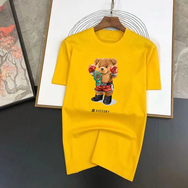تي شيرت صيفي فاخر مطبوع عليه صورة دب للرجال والنساء بأكمام قصيرة، تي شيرت كاجوال عصري بألوان سادة، مطبوع عليه رسومات جرافيكية، ملابس
