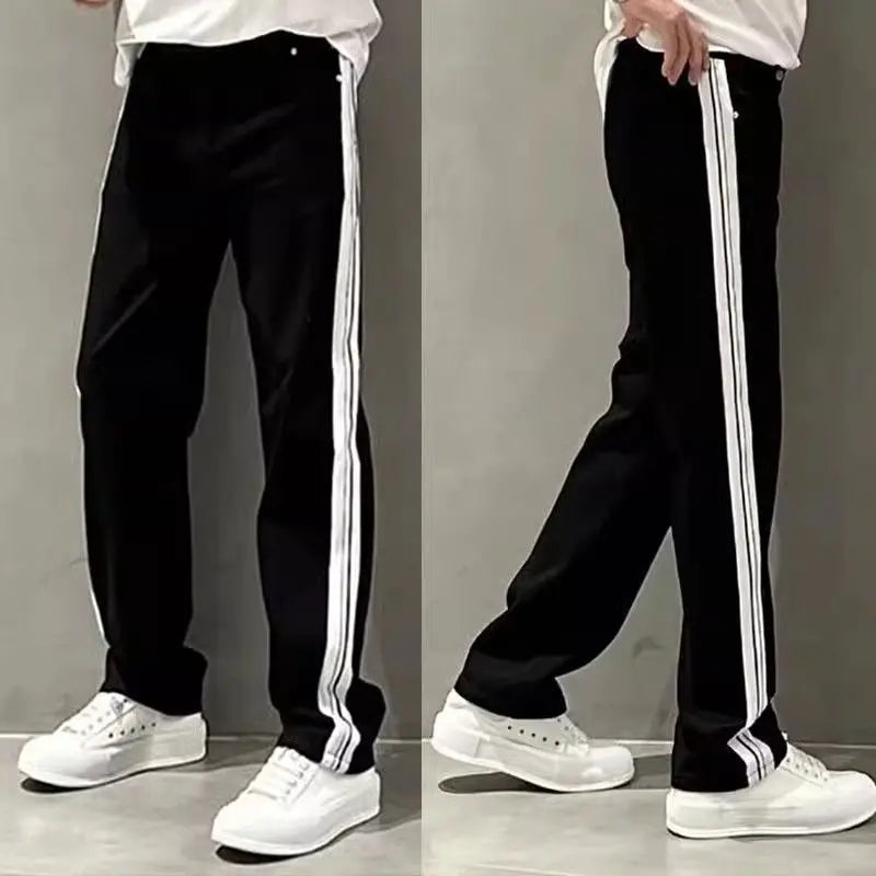 2025 Autumn New Style Jeans Men's Trendy Loose Side Strip Webbing Straight Pants for Youth Versatile Washing Wide-leg