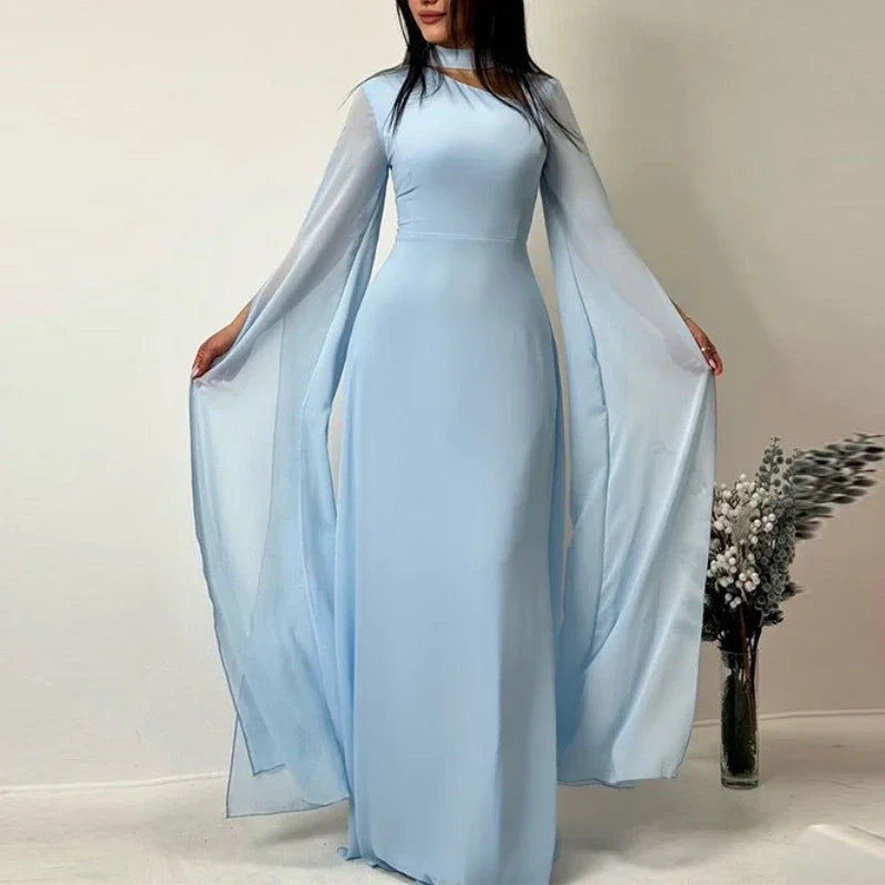 Summer Women's Clothing O-neck Long Sleeve Party Dress Elegant Solid Color Robe Dress Fashion High Waist Slim Evening Dress