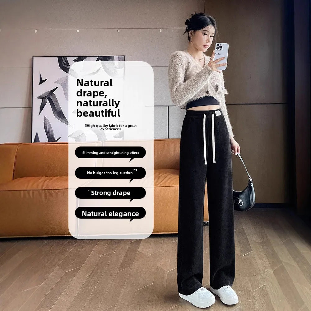 Fleece Lined Wide Leg Pants Women's Slim Straight Thick Corduroy Trousers Spring Autumn Winter New Style High Waist Long Pants