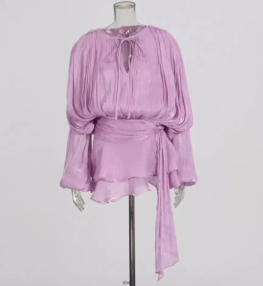 Elegant Solid Pleated Blouse Mini Dresses Women V Neck Lace Up Long Lantern Sleeve Dress 2025 Street Beach Vocation Short Robes