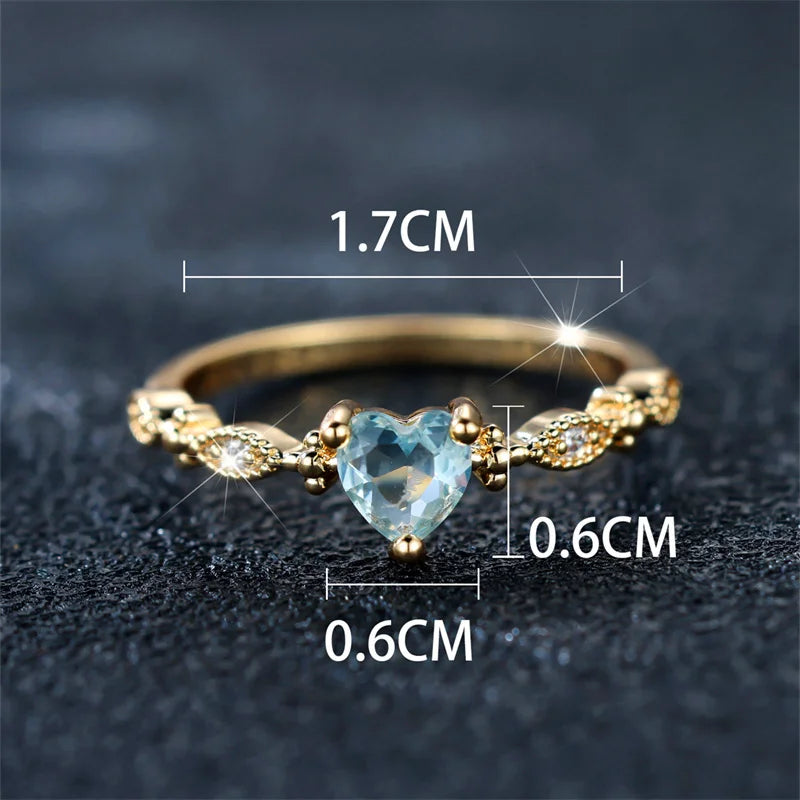 Cute Female Water Blue Zircon Stone Ring Trendy Yellow Gold Color Heart Engagement Bride Wedding Jewelry For Women