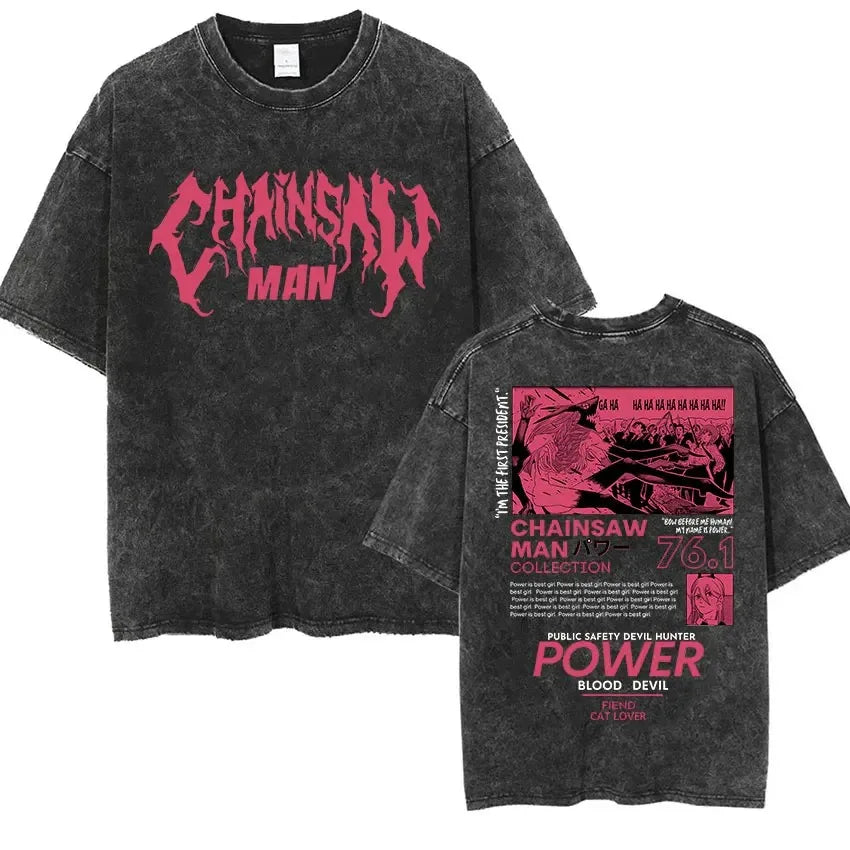 تي شيرت مطبوع عليه Power Print T-shirt Chainsaw Man Reze Arc Anime Men Women بأكمام قصيرة من القطن بتصميم عتيق مغسول ومقاس كبير من Harajuku كاجوال