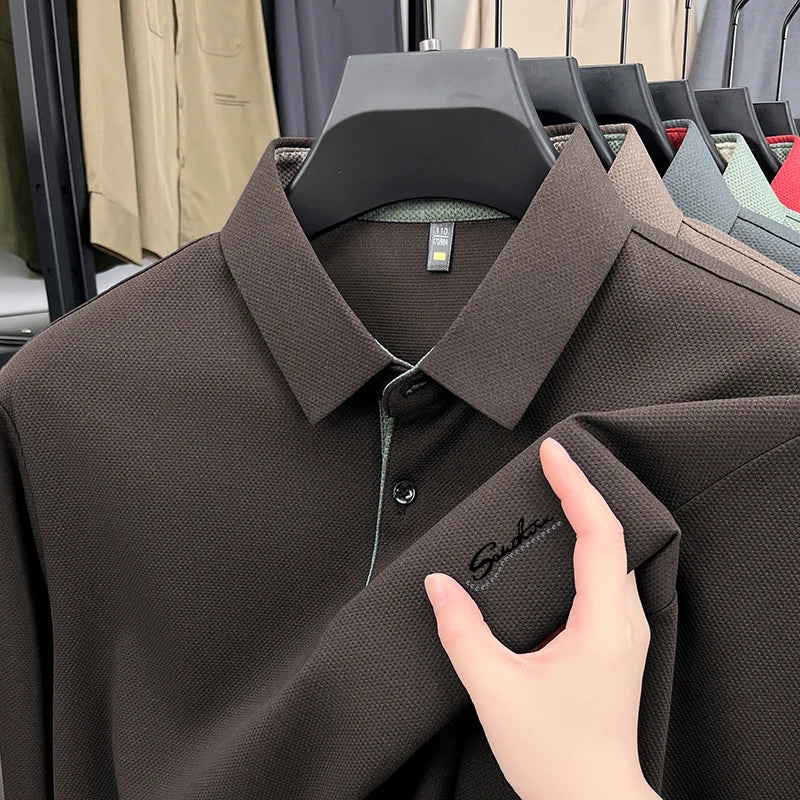 قميص بولو رجالي من ماركة مصممة بأكمام طويلة وياقة دائرية، خريف جديد، مطبوع عليه حروف، مضاد للتجاعيد، ملابس عمل غير رسمية للرجال