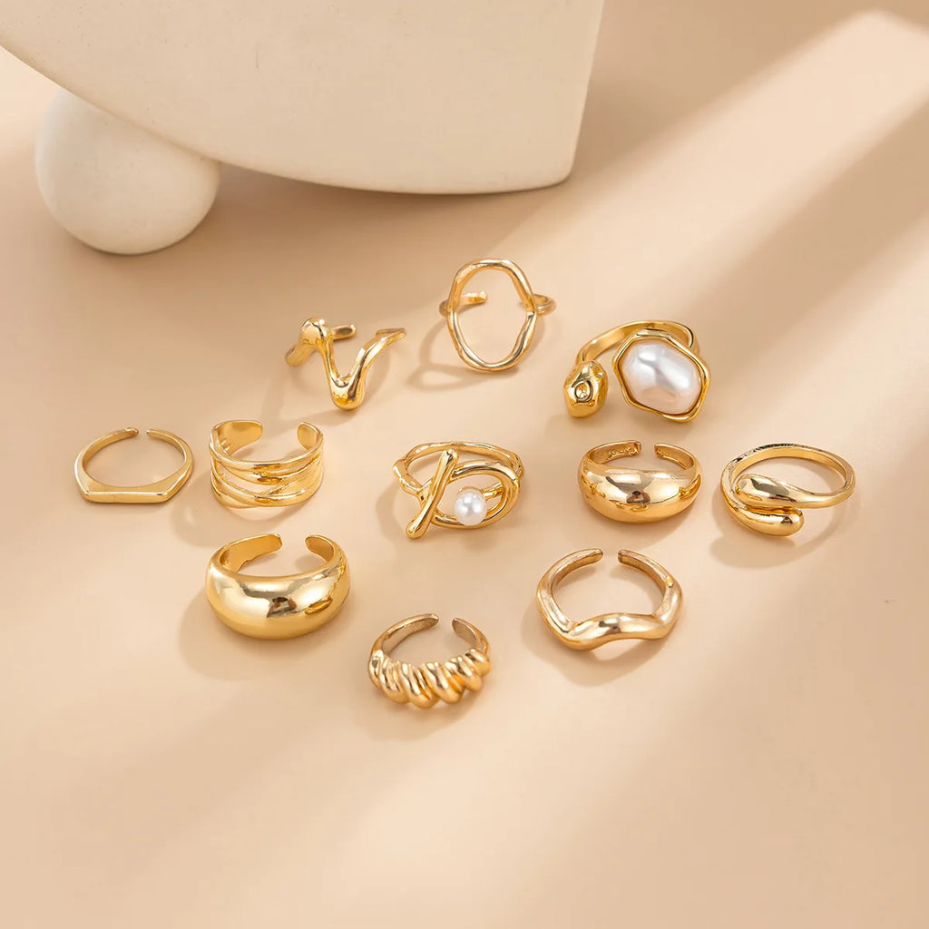 Fashion Gold Color Pearl Geometric Open Rings Set for Women Exaggerated Metal Irregular Adjustable Ring Waterproof Jewelry Gifts