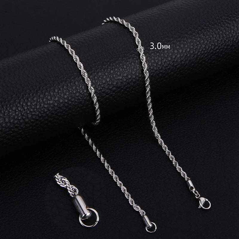 قلادة رجالية طويلة من الفولاذ المقاوم للصدأ بتصميم بسيط وسلسلة ملتوية متوفرة باللون الذهبي والفضي من 2 إلى 5 مم