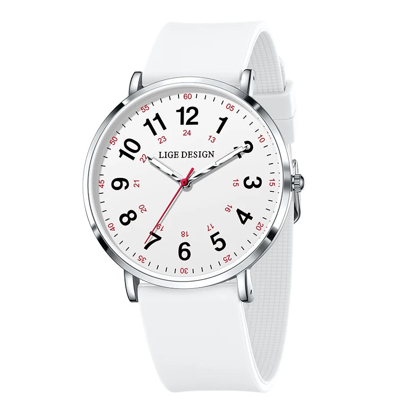 ساعة يد نسائية جديدة من LIGE، ساعة كوارتز فائقة النحافة، مقاومة للماء، مصنوعة من السيليكون المضيء، ساعة وردية اللون
