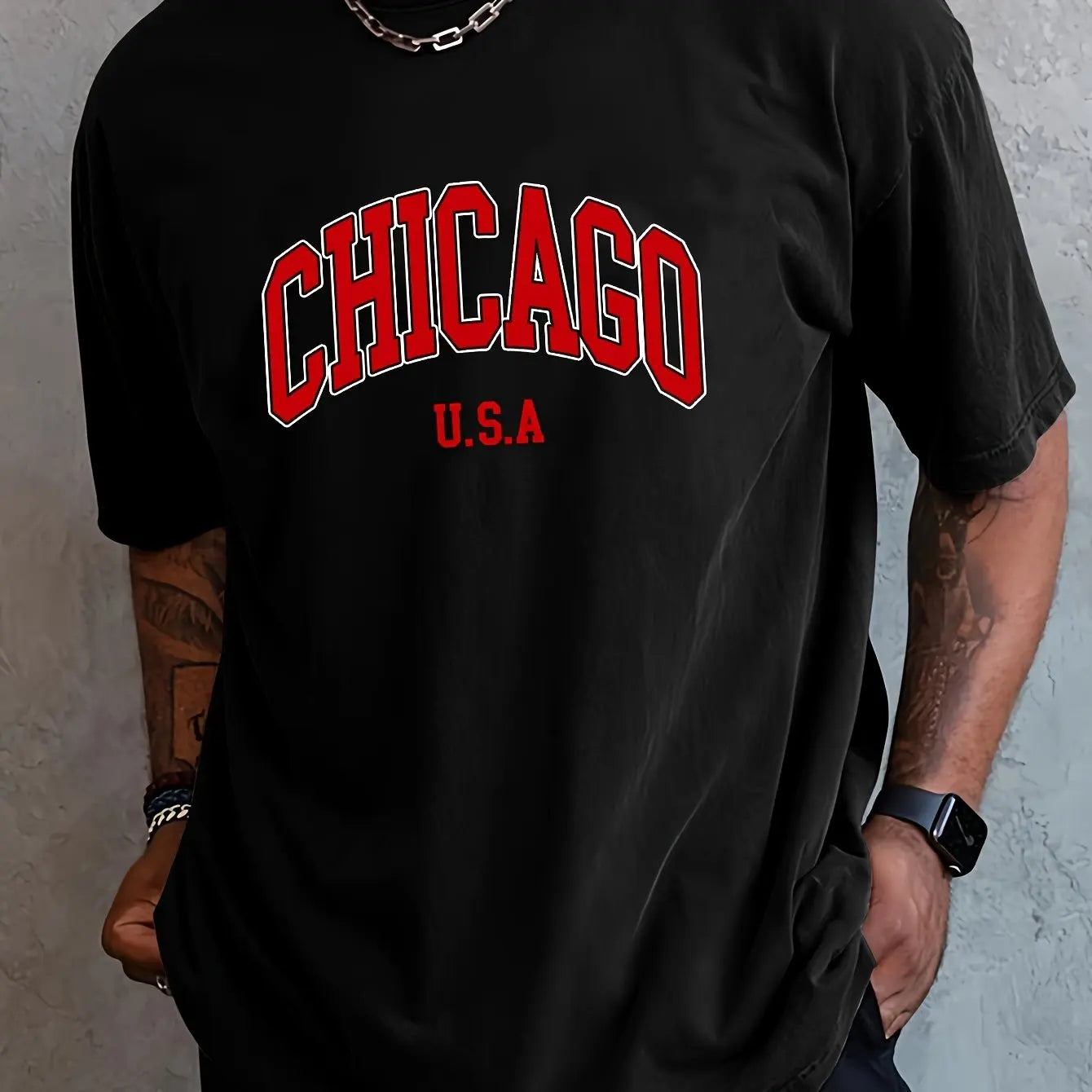 Men's summer 100 cotton fashionable casual loose plus size Chicago USA printed sports round neck short sleeved T-shirt top