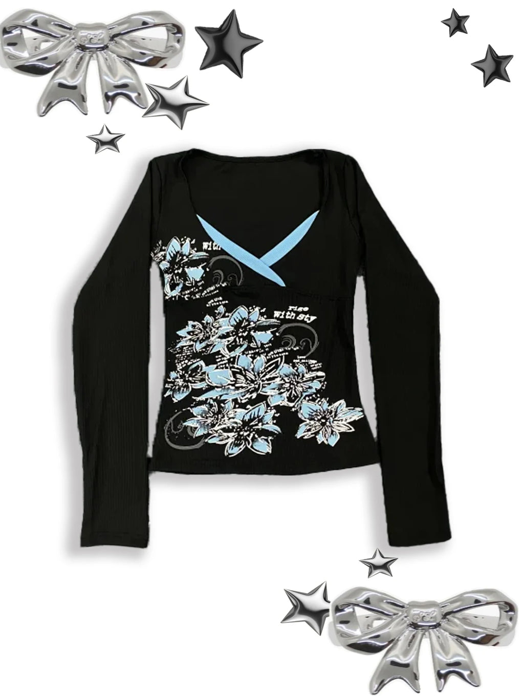 تي شيرت Y2K Millennium Spicy Girl Retro Floral Print Autumn بأكمام طويلة وقصّة صدر متقاطعة وفتحة رقبة على شكل حرف V