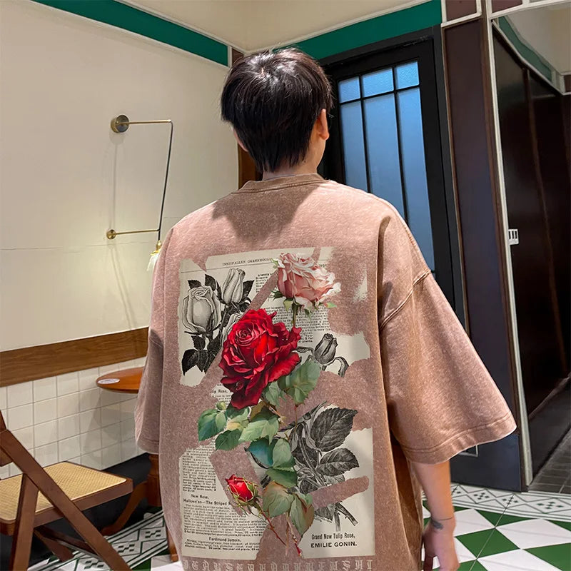 تي شيرت رجالي مغسول على الطراز القوطي بأكمام قصيرة ورسومات وردية عتيقة، تي شيرتات هيب هوب للزوجين، ملابس رجالية ونسائية