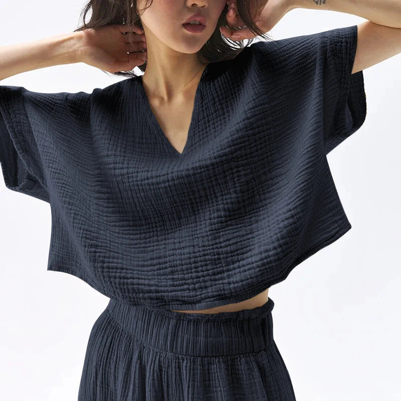 قميص نسائي أنيق من القطن بنسبة 100%، تي شيرت مثير برقبة على شكل حرف V وأكمام قصيرة، قميص فضفاض غير رسمي من الشاش، ملابس الشارع، Ropa Mujer Camisetas