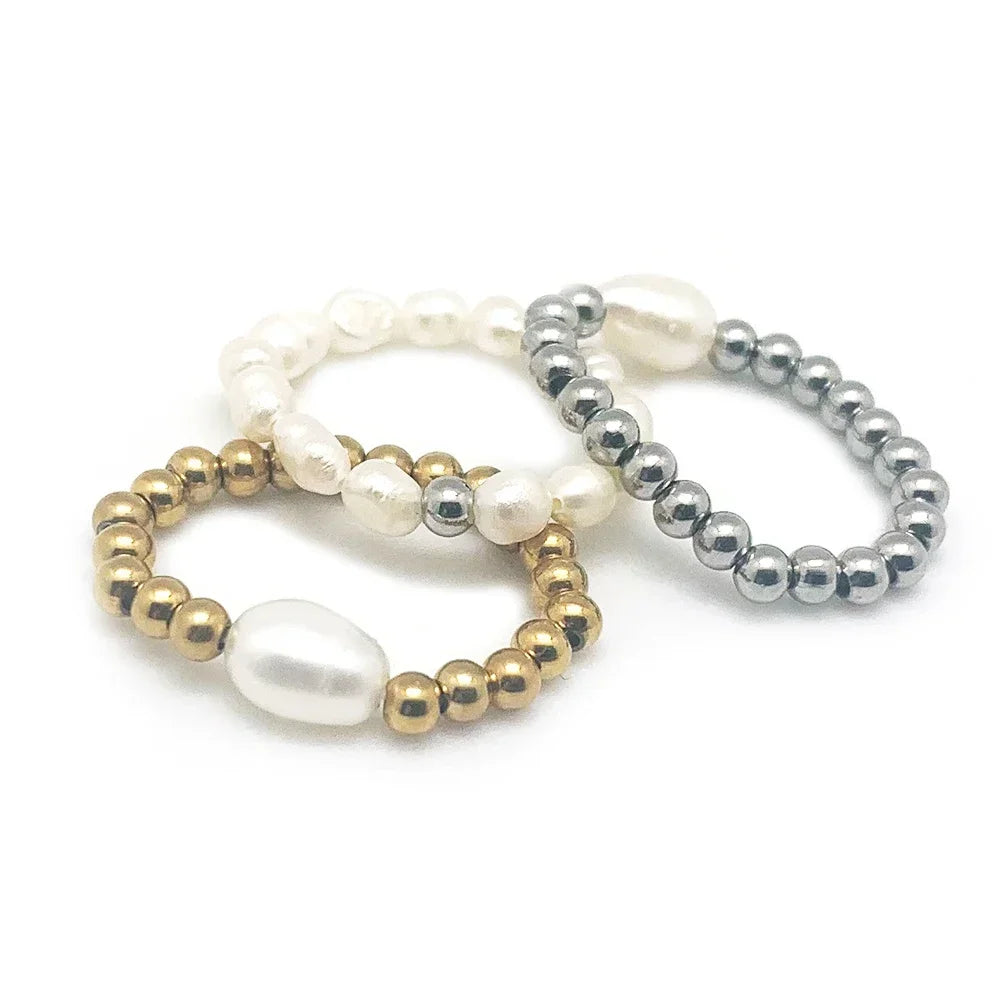 خاتم أنيق من لؤلؤ المياه العذبة مع خرز من الفولاذ المقاوم للصدأ، خواتم زفاف عصرية مصنوعة يدويًا للنساء والفتيات، متوفرة بالجملة