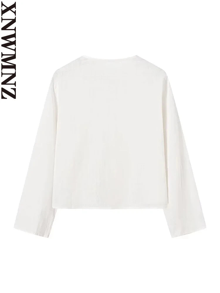 قميص نسائي أنيق من XNWMNZ 2024 برباط على شكل حرف V بأكمام طويلة وفتحة رقبة على شكل حرف V، بلوزة نسائية أنيقة متعددة الاستخدامات