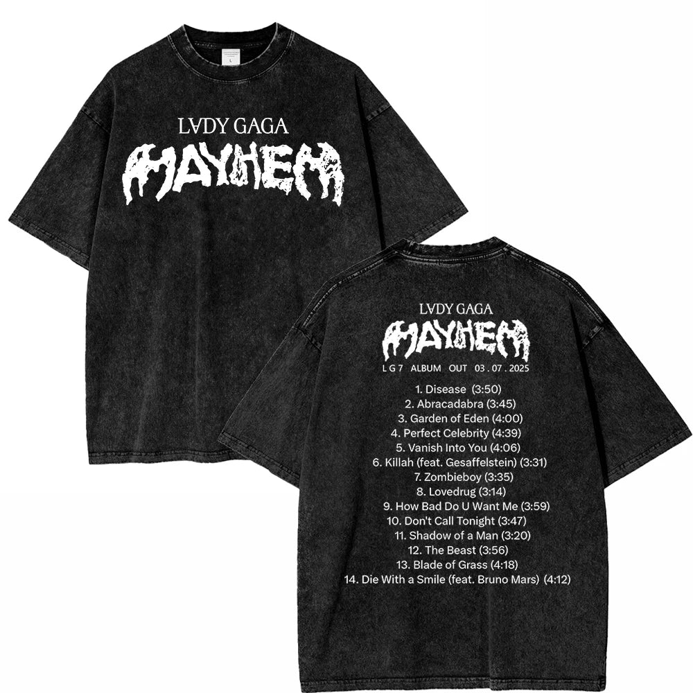 تي شيرت كلاسيكي مغسول من ليدي غاغا، جولة مايهم بول 2025، أزياء رجالية/نسائية، جودة عالية، غسيل حمضي، قطن 100%