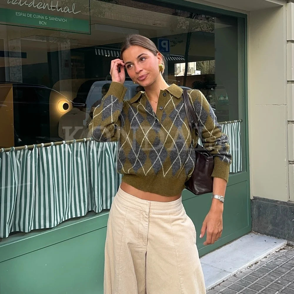 KONDALA 2025 Fall Winter Argyle Streetwear Knitted Women POLO Shirts Fashion Vintage Pullover Turndown Collar Ladies POLO Shirts