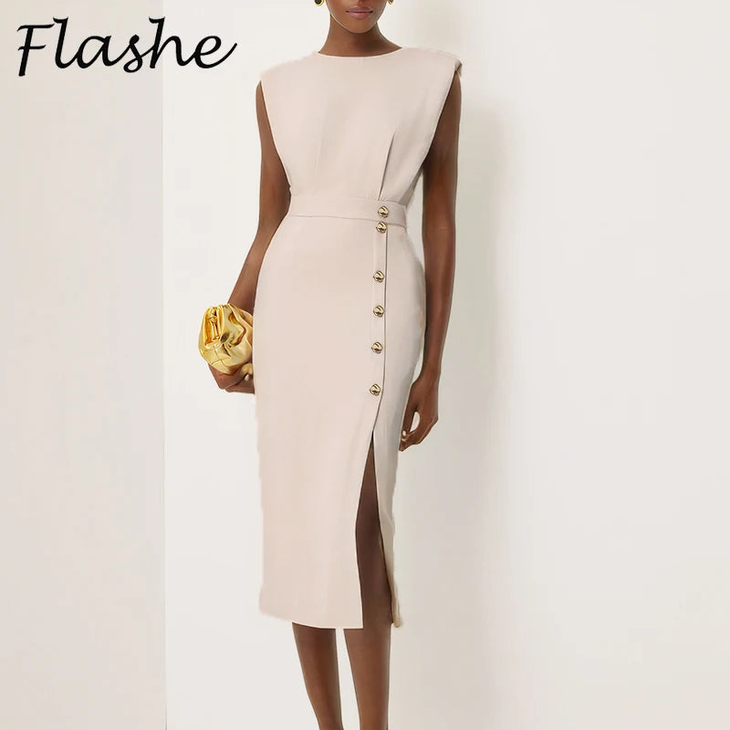 Women's Solid Sleeveless Slim Fit Midi Dress Women Summer Party Dress Lady Office Dress Elegant Button Split Up Evening Dresses