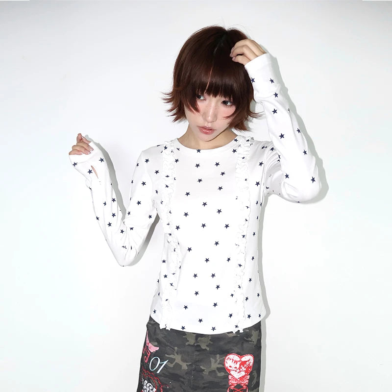 تي شيرت نسائي Genayooa Y2k Aesthetic بأكمام طويلة مطبوع عليه نجوم ورسومات جرافيكية، تي شيرت قطني ياباني من العقد الأول من القرن الحادي والعشرين، تي شيرتات عالية الجودة