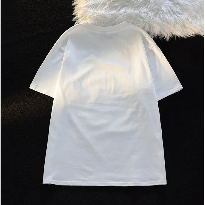 تيشيرت نسائي بأكمام قصيرة ورقبة دائرية مطبوع عليه قطة كرتونية لطيفة، مناسب للارتداء اليومي، فضفاض، ومتعدد الاستخدامات، مثالي لفصل الصيف