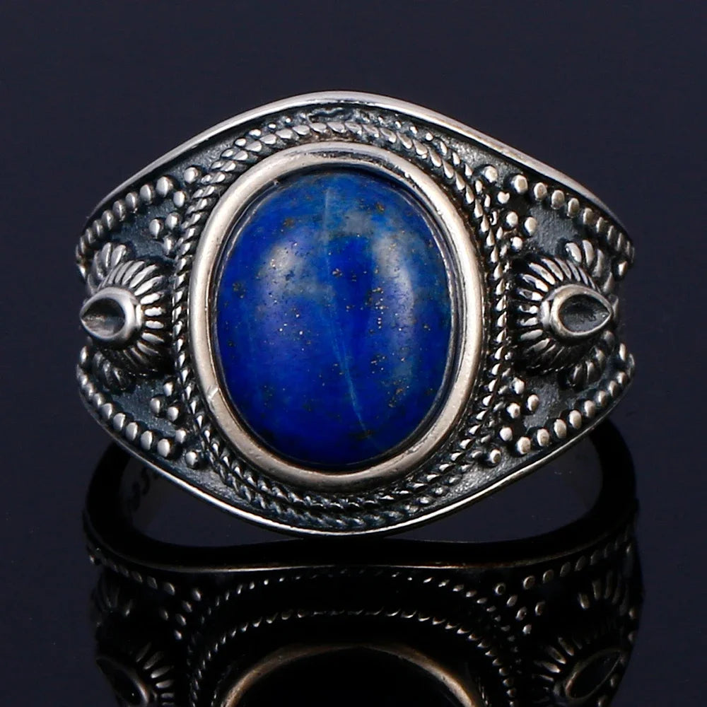 خاتم فضة عيار 925 مرصع بحجر اللازورد الطبيعي الكبير بيضاوي الشكل، مناسب للنساء والرجال، هدية مميزة، خاتم عتيق كبير الحجم، مجوهرات فاخرة بالجملة