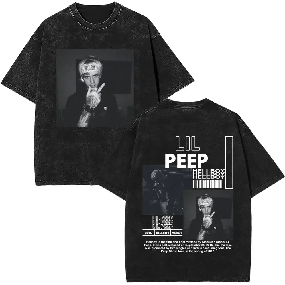 2025 مغني الراب ليل بيب ألبوم موسيقى Bear Crybaby Vintage Washed T Shirts للرجال والنساء هيب هوب فضفاضة بأكمام قصيرة تي شيرتات الشارع