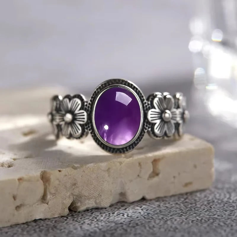 خواتم عتيقة من الفضة الإسترليني عيار 925 مرصعة بحجر الجمشت الطبيعي، بتصميم زهرة، مجوهرات فضية فاخرة بتصميم كلاسيكي، هدايا مثالية للحفلات للنساء والرجال