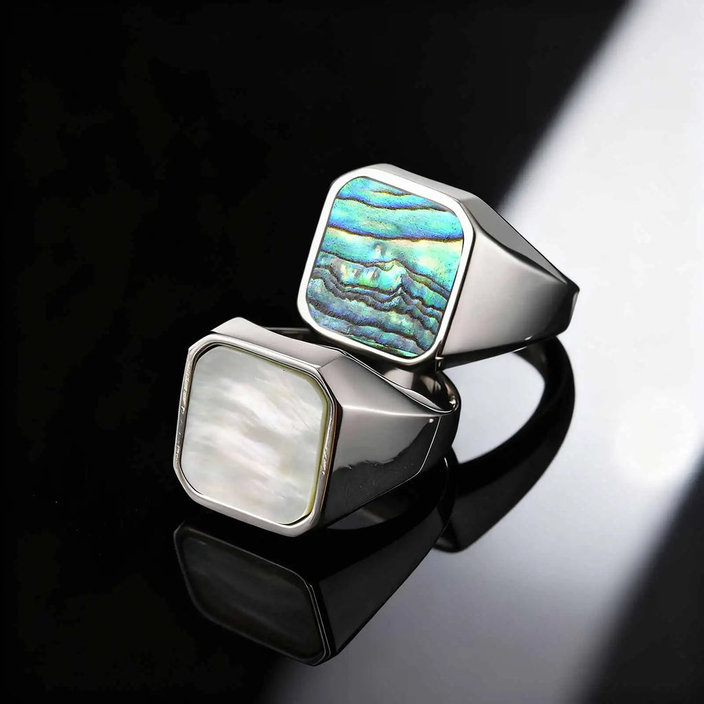 Trendy Punk Abalone Shell Stainless Steel Chunky Signet Ring for Men, Waterproof Hip Hop Party Finger Jewelry Size7 8 9 10 11 12