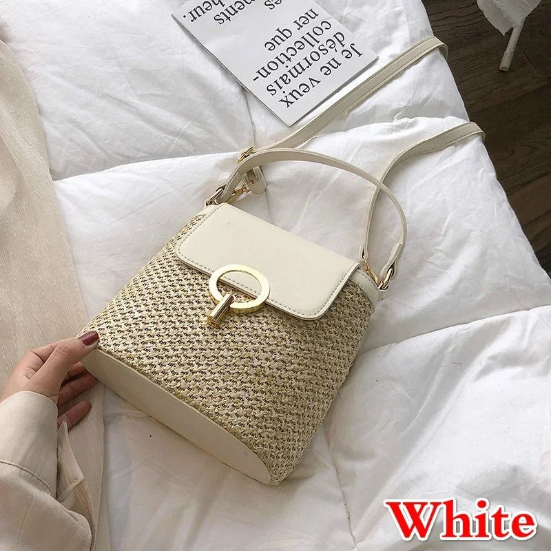 حقيبة نسائية منسوجة مناسبة لعطلات الشاطئ، أحدث صيحات الموضة لعام 2023، تصميم كوري عصري، حقيبة يد متعددة الاستخدامات، حقيبة كروسبودي دلو