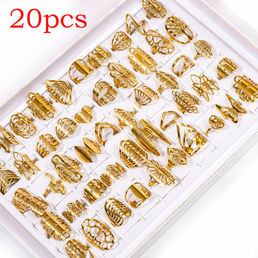 مجموعة من 20 قطعة من خواتم المجوهرات النسائية الأنيقة المصنوعة من الفولاذ المقاوم للصدأ، بأحجام كبيرة وصغيرة، بتصميمات مجوفة على شكل قلب وزهرة الحب، مثالية كهدية للحفلات.