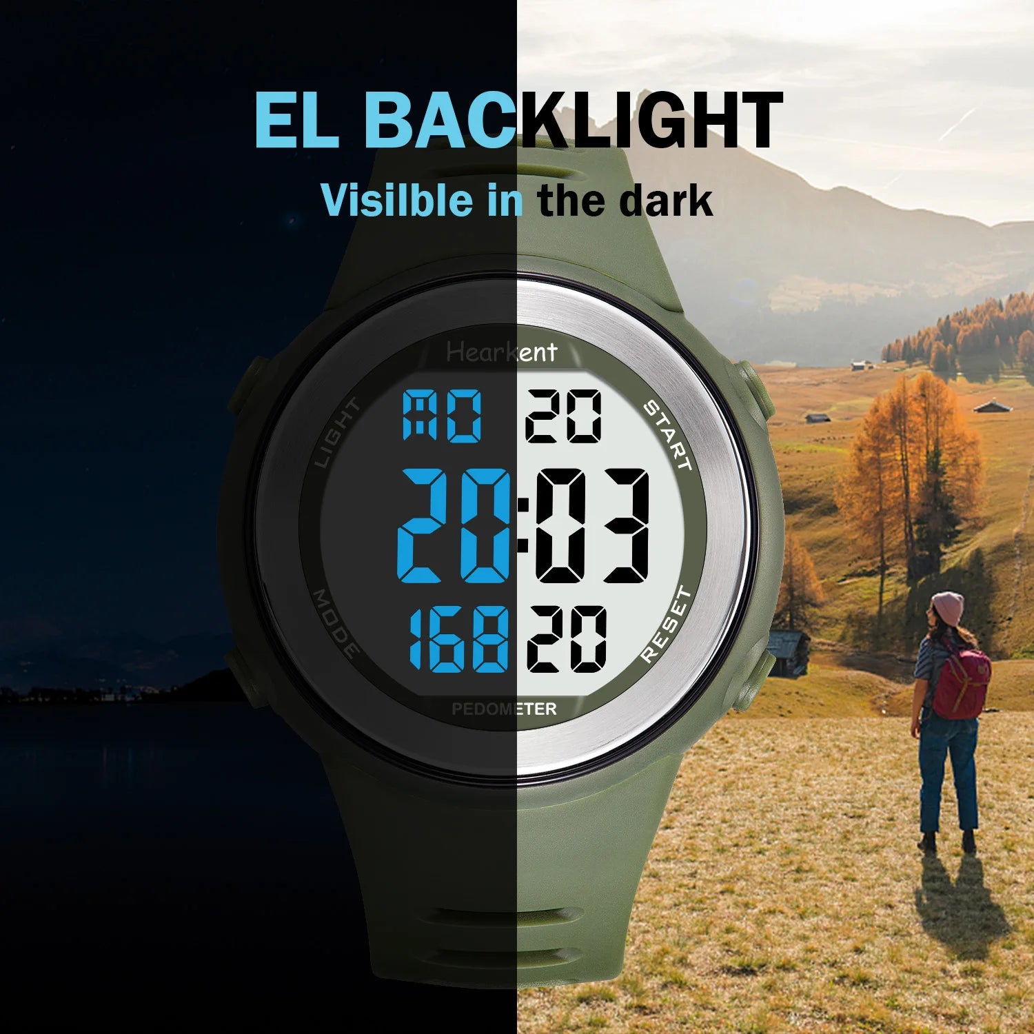 ساعة Hearkent Pedometer للرجال مقاومة للماء وعداد الخطوات وتتبع السعرات الحرارية للنساء بشاشة عرض خلفية وعداد تنازلي ساعات رياضية رقمية