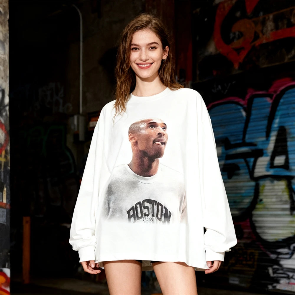 تي شيرت KUCLUT ذو جودة عالية مطبوع عليه رسومات BIG FACE بأكمام طويلة ومقاس كبير، تي شيرت فضفاض للرجال والنساء مصنوع من القطن بنسبة 100%