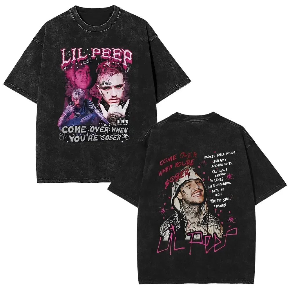 2025 مغني الراب ليل بيب ألبوم موسيقى Bear Crybaby Vintage Washed T Shirts للرجال والنساء هيب هوب فضفاضة بأكمام قصيرة تي شيرتات الشارع