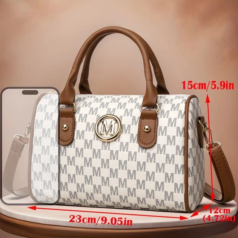 حقيبة كتف نسائية صغيرة بتصميم حرف "M" ذهبي، مصنوعة من الجلد الصناعي، مناسبة للعمل والسفر والحفلات والهدايا