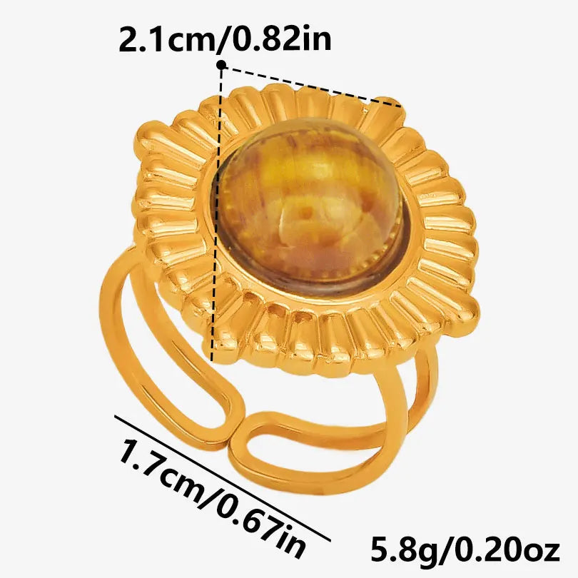 خاتم من حجر عين النمر الحقيقي على شكل قلب الشمس من الفولاذ المقاوم للصدأ، خواتم مفتوحة للنساء والرجال، إكسسوارات مجوهرات عتيقة مطلية بالذهب الحقيقي