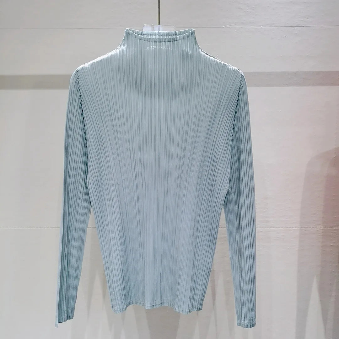 Miyake Pleated T-Shirt Woman Stand Collar Solid Color Loose Wild Full Sleeve Pullover Tops Causal Style Over Size Fall 2022 New