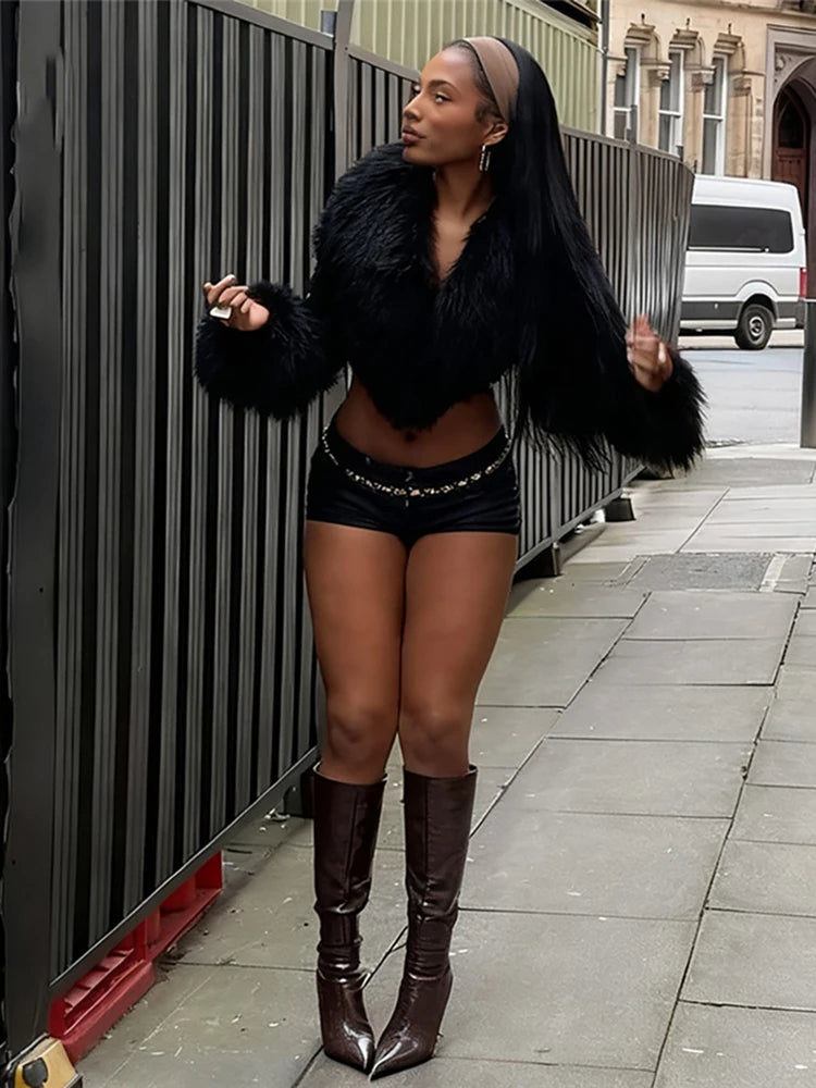 بلوزة قصيرة نسائية من الفرو الغريب بفتحة رقبة على شكل حرف V من البولي يوريثان، أساسية مثيرة، ملابس النادي، بأكمام طويلة، شتوية، مناسبة لـ Y2K