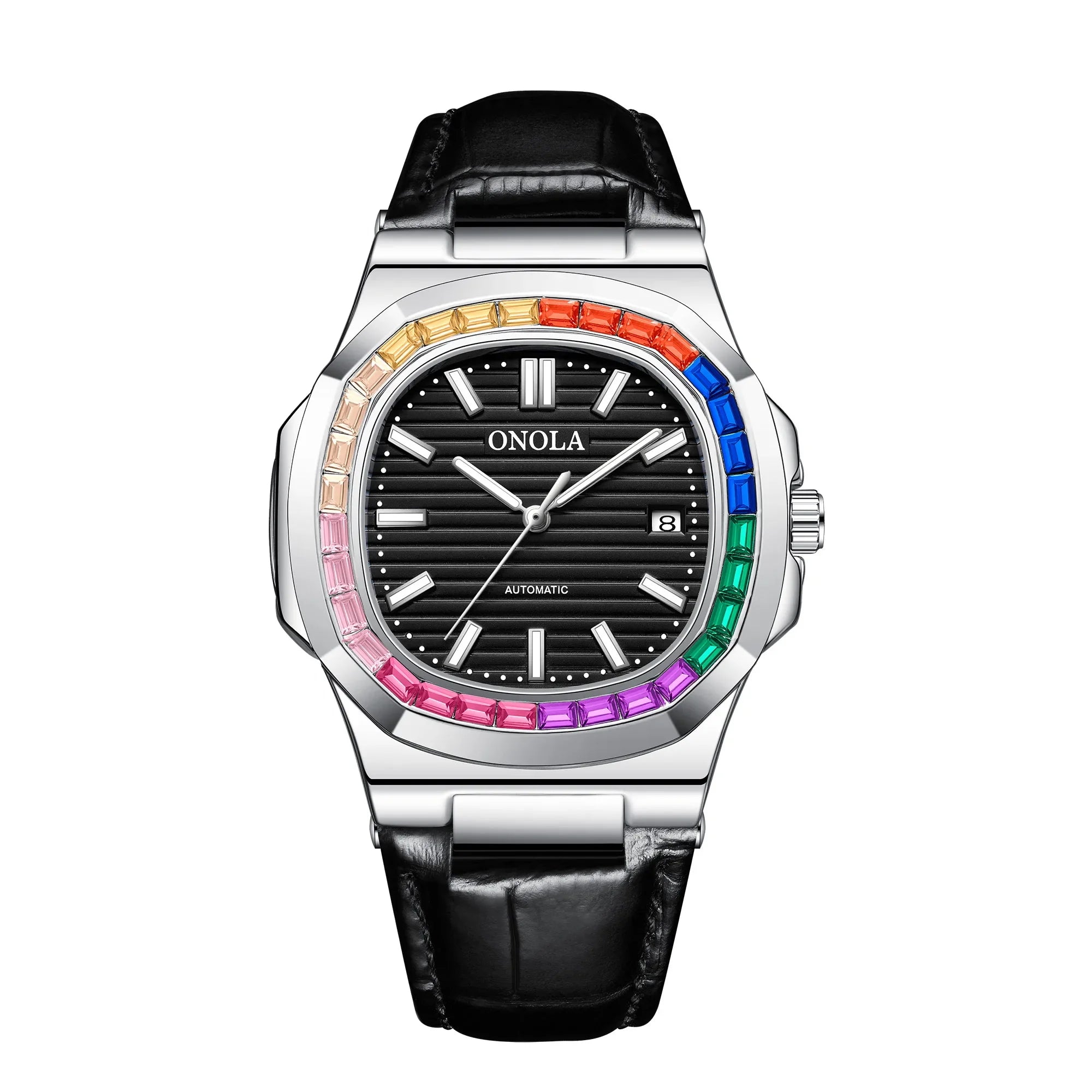 ساعة يد ONOLA للرجال والنساء ميكانيكية أوتوماتيكية بالكامل مرصعة بالألماس الملون، مصنوعة من الجلد المقاوم للماء