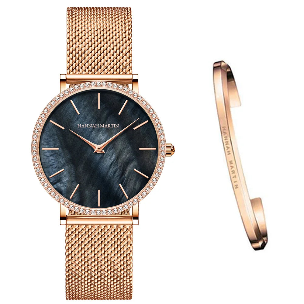 ساعة يد نسائية فاخرة، حركة كوارتز يابانية، مينا من الصدف، مرصعة بأحجار الراين، مصنوعة من الفولاذ المقاوم للصدأ، علبة هدايا أنيقة، مقاومة للماء.