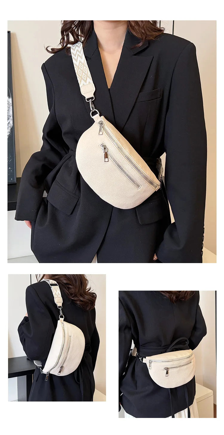 Women's Waist Bag Multi-pocket Street Fanny Pack PU Leather Chest Bag Fashion Wide Strap Crossbody Bag Retro Solid Shoulder Bags