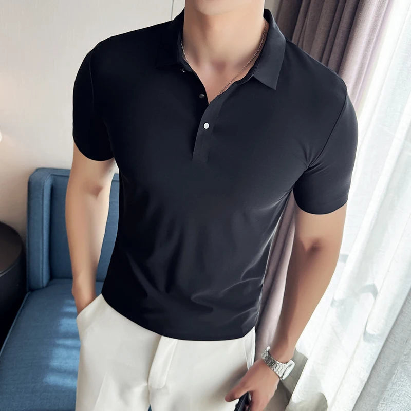تي شيرت حرير ثلجي عالي المرونة بدون درزات، قميص بولو صيفي رقيق، ياقة بولو بلون سادة وأكمام قصيرة، بلوزة بنية اللون، مناسبة للعمل والترفيه